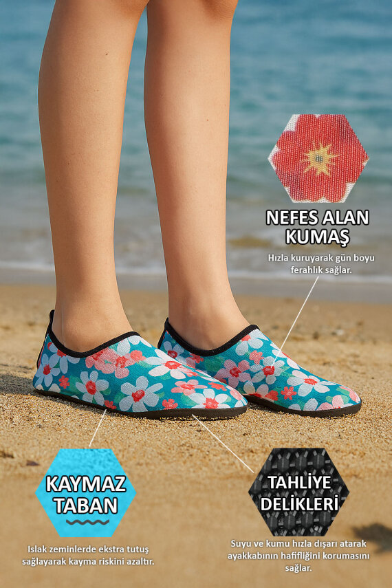 Flowers Kaymaz Tabanlı Esnek Hafif Kadın Havuz Plaj Deniz Ayakkabısı - 2