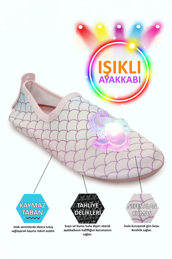Işıklı Denizkızı Unicorn Figürlü Kaymaz Tabanlı Esnek Hafif Dayanıklı Çocuk Havuz Plaj Deniz Ayakkabısı - 2