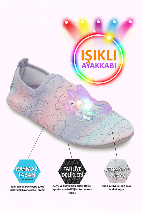 Işıklı Unicorn Figürlü Kaymaz Tabanlı Esnek Hafif Dayanıklı Çocuk Havuz Plaj Deniz Ayakkabısı - 2