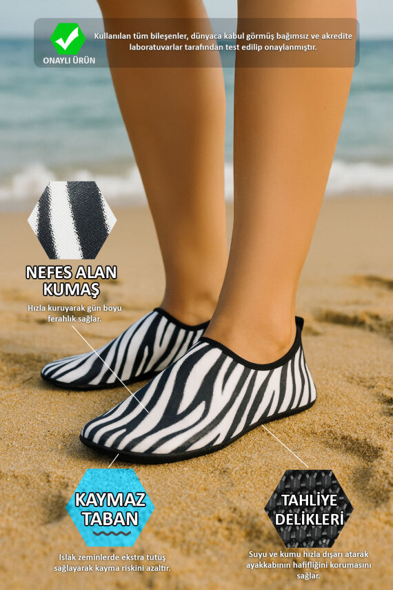 Bright Zebra Desenli Kaymaz Tabanlı Esnek Hafif Kadın Havuz Plaj Deniz Ayakkabısı - 2